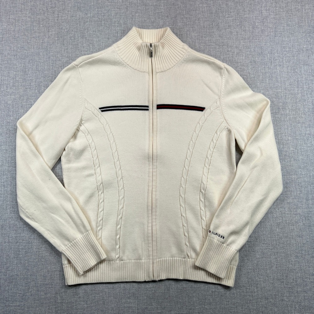Tommy‎ Hilfiger Cream Full Zip Cotton Ski Sweater Womens Large Cable Knit Preppy